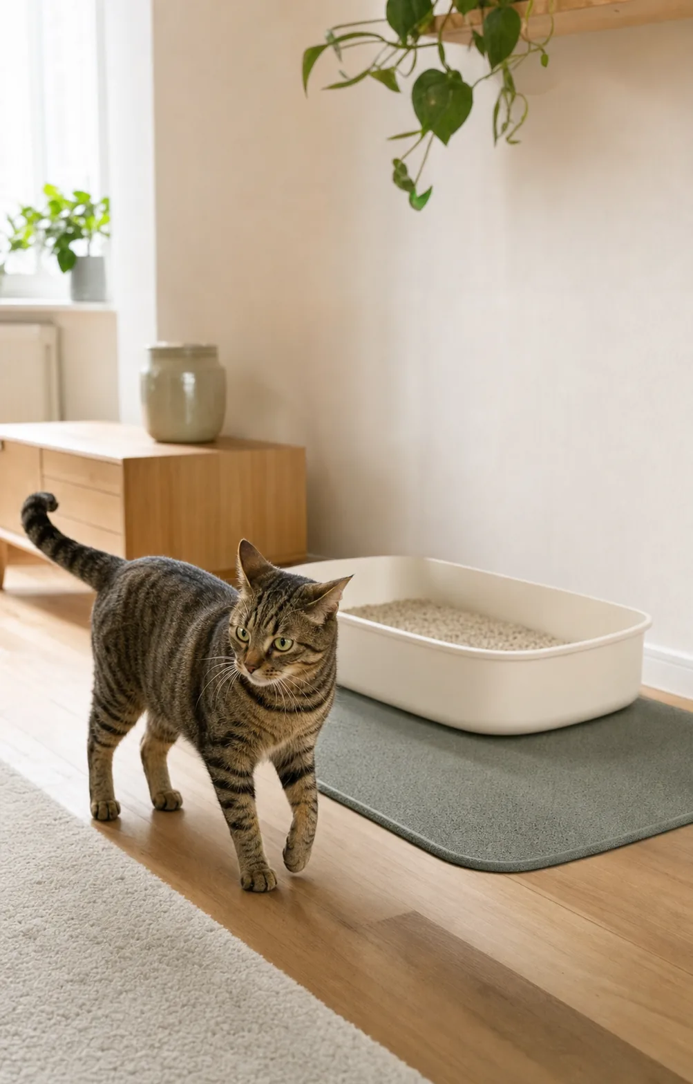Braun getigerte Katze neben einer Katzentoilette in einem hellen Zuhause.